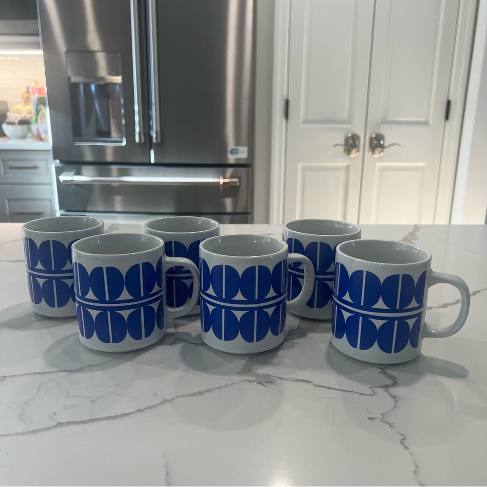 New Set Of 6 MCM Knobler cobalt Blue Dot Stonewesr Mugs